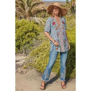 Johnny Was Embroidered Cara Puff Sleeve Floral Tunic Top Large